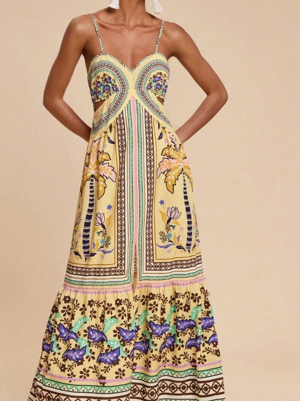Multicolor Boho Women's Halter Dress with Cutout Waistband and Side Slits